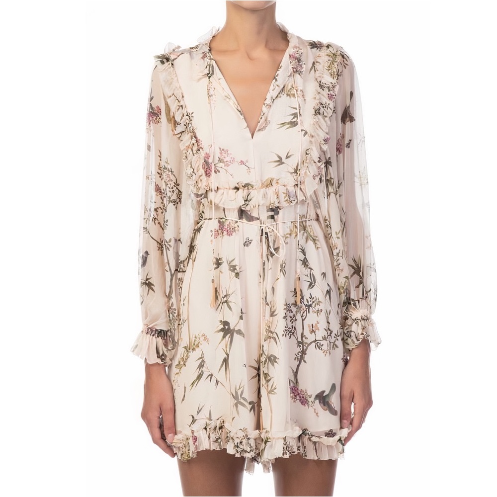 Zimmermann Silk Floral Off-White Maples Frill Playsuit Romper